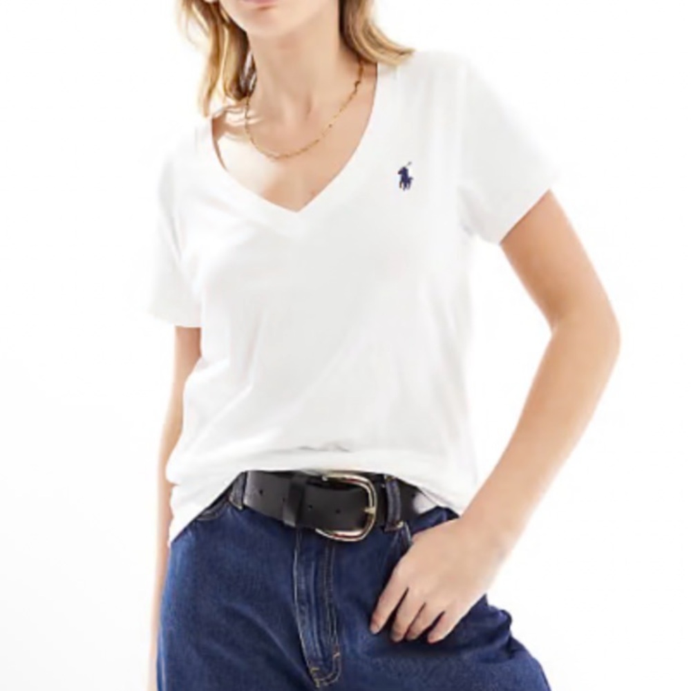 Polo Ralph Lauren Womens Large White V-Neck Short Sleeve Top Logo Navy Pony